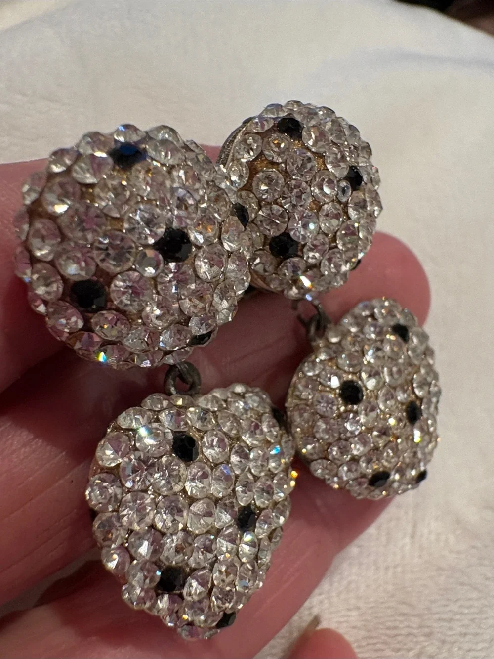 Vintage Black & Clear Drop heart Crystal Earrings New Clip